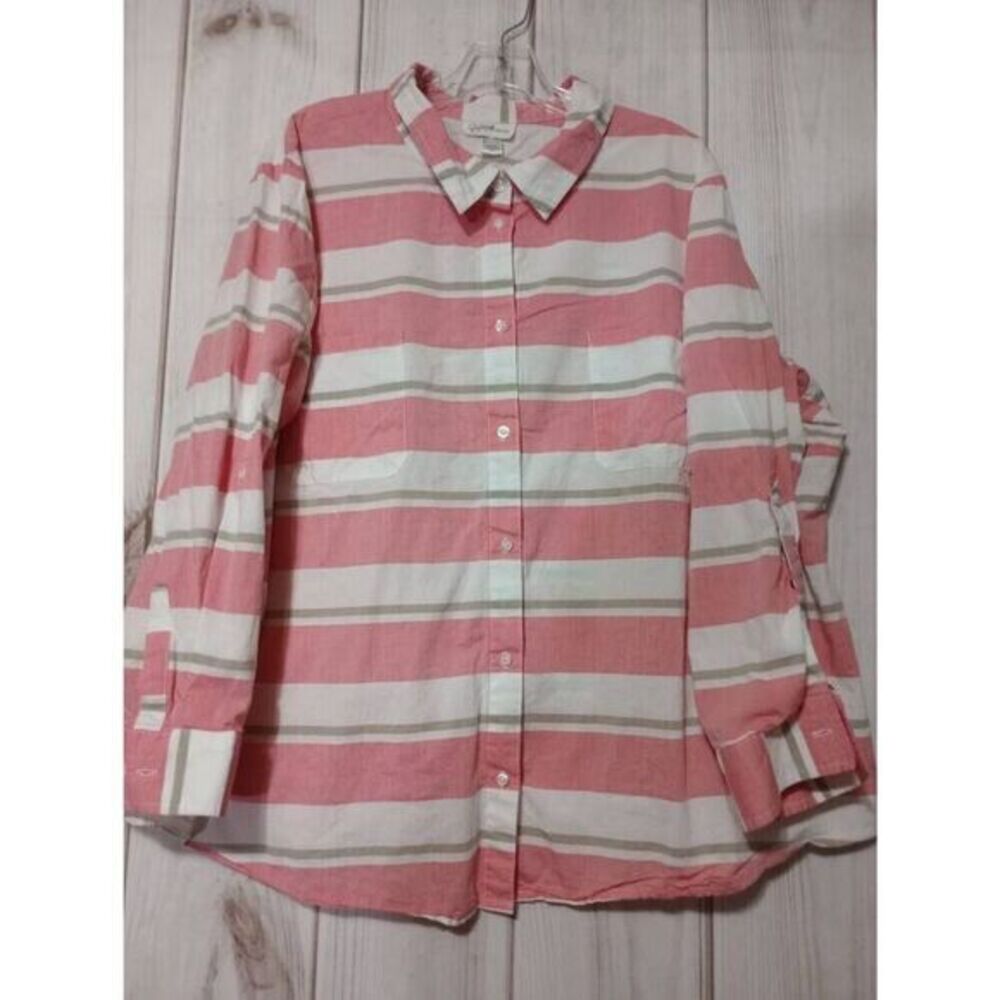 Jaclyn Smith Pink Striped Button Down Roll Tab Sleeve Cotton Shirt Plus Size 3X